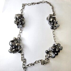 Silver Tone Crystal Buttons Beads Charms Clusters Necklace